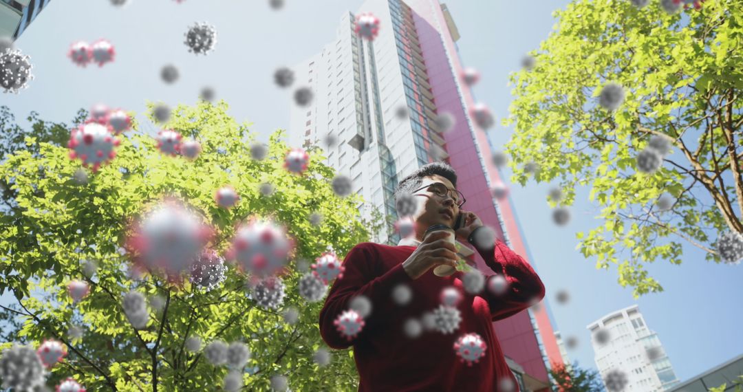 Man on Phone with Coffee Surrounded by Digital Virus Visuals