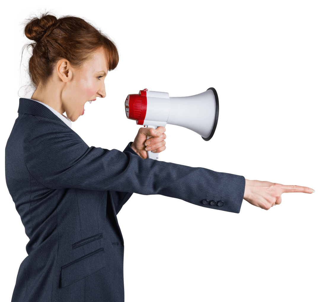 Businesswoman Shouting with Loudspeaker on Transparent Background