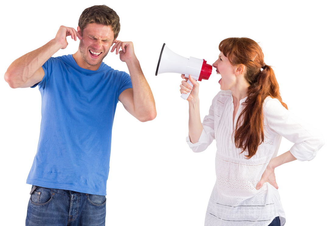 Woman Yelling with Megaphone Man Covering Ears Transparent - Download Free Stock Images Pikwizard.com