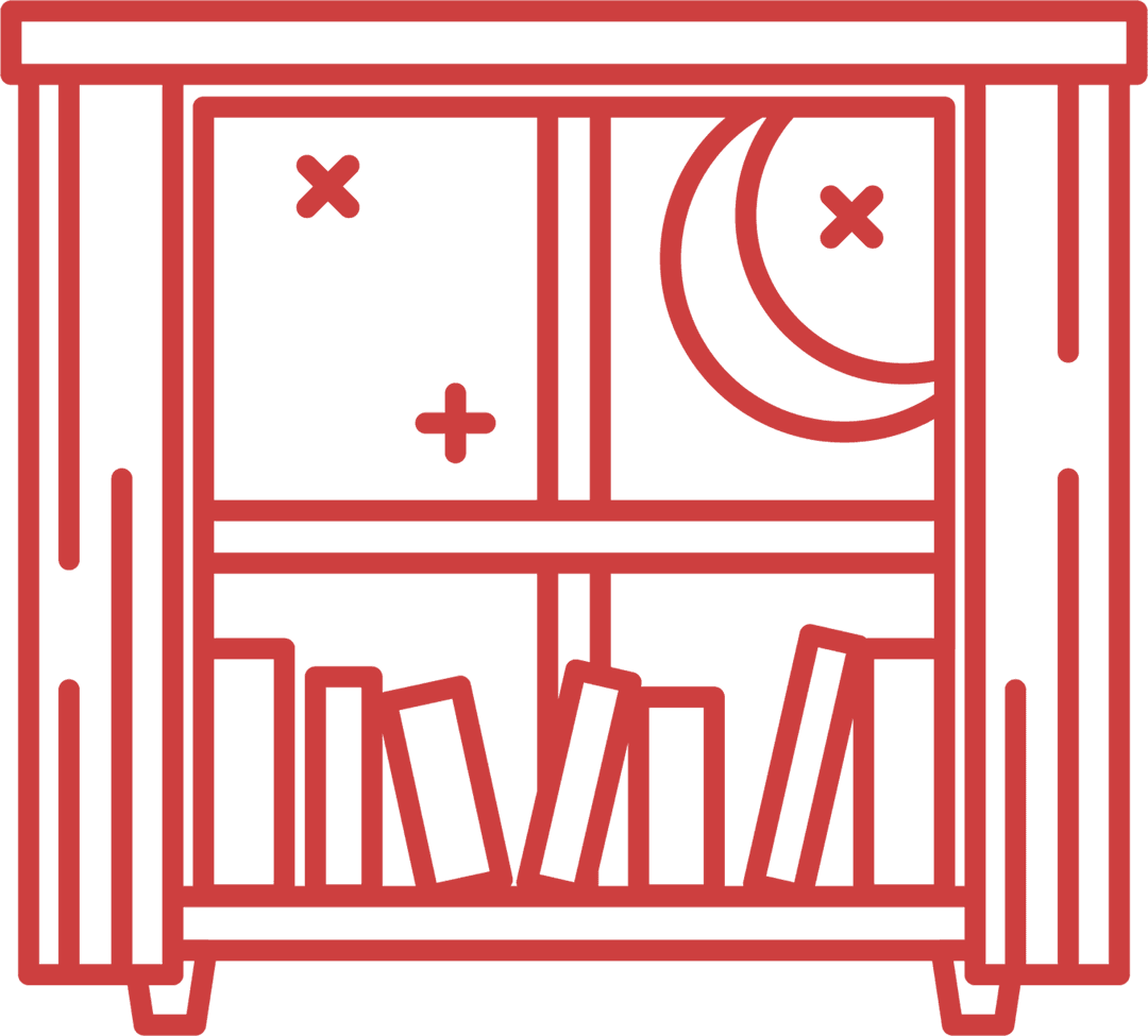 Red Transparent Window with Books and Starry Night Scene