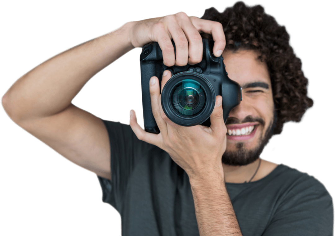 Smiling Photographer Holding Camera on Transparent Background