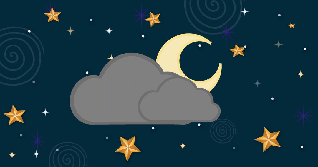 Celestial Nightscape with Clouds, Stars, and Crescent Moon