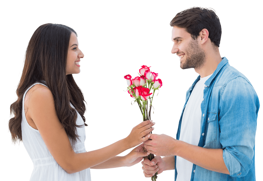Couple Smiling While Exchanging Roses on Transparent Background