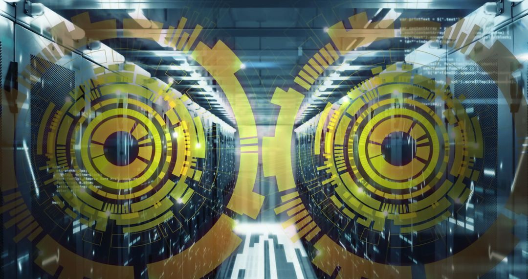 Futuristic Technology Circles Overlaying Data Server Room