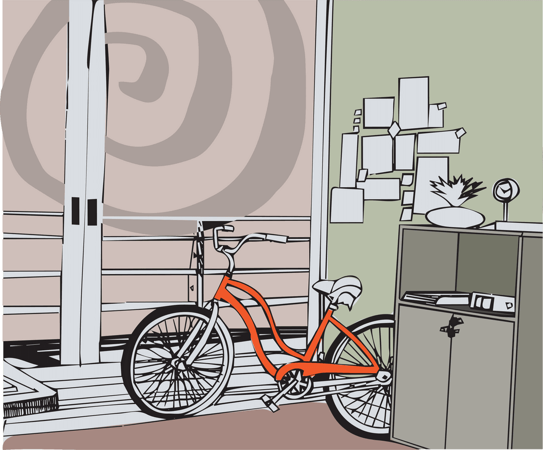 Transparent Bicycle Resting Besides Office Scene