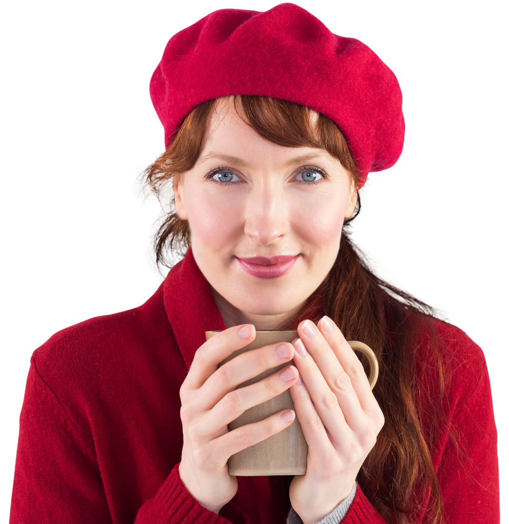 Woman in Red Outfit Holding Warm Beverage, Transparent Background - Download Free Stock Images Pikwizard.com