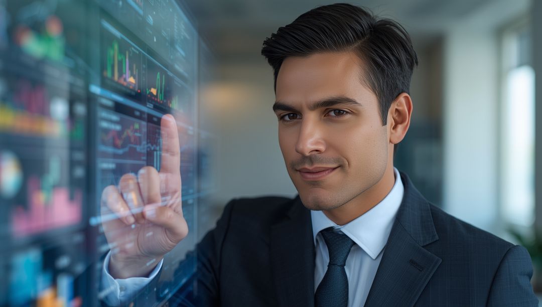 Executive in Suit Interacting with Transparent Touchscreen in Office