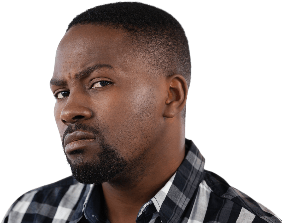 Transparent Background Portrait of Confused Black Man Wearing Plaid Shirt
