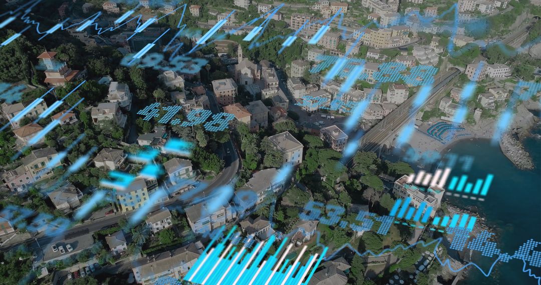 Digital Financial Projections Over Aerial City View