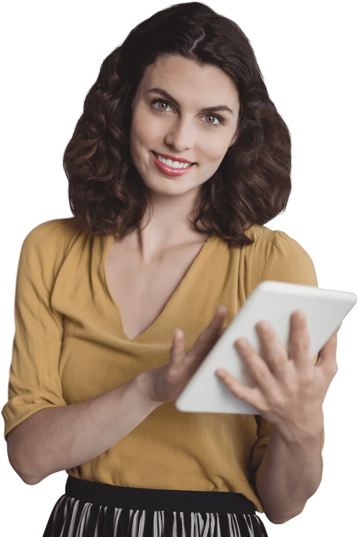Transparent Smiling Woman Using Digital Tablet in Golden Top