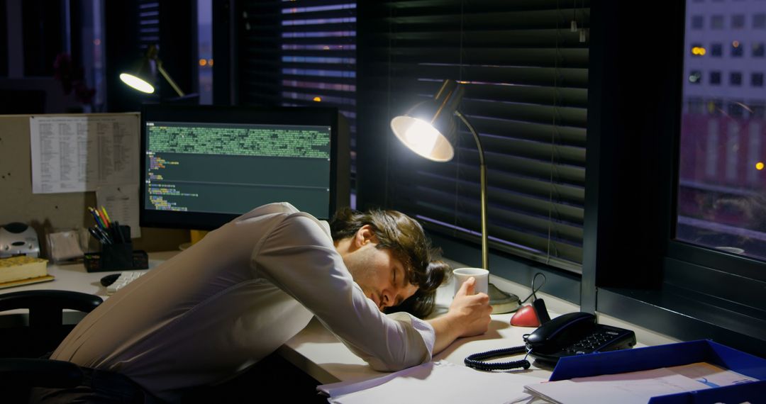 Overworked Software Developer Sleeping On Desk At Office - Free Images, Stock Photos and Pictures on Pikwizard.com