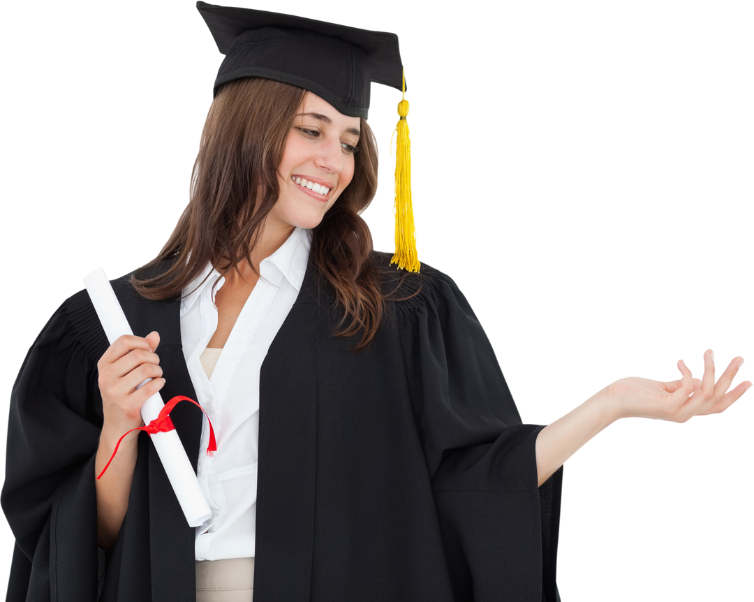 Smiling Female Graduate Wearing Cap and Gown Transparently Holds Degree - Download Free Stock Images Pikwizard.com