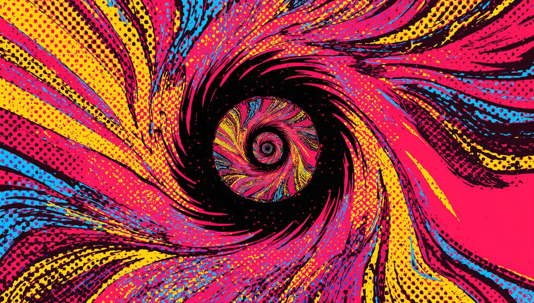 Psychedelic Neon Spiral Vortex Swirling Halftone Burst Retro Pop Art in Magenta Cyan Yellow