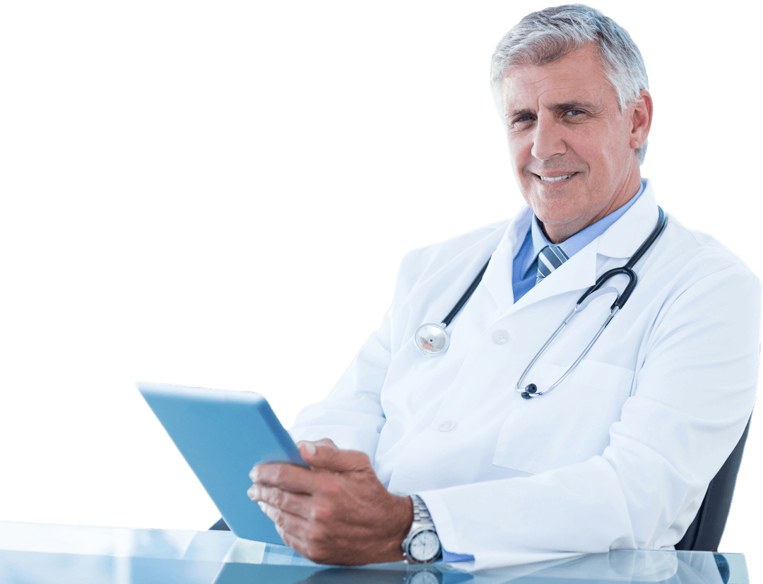 Transparent Portrait of Mature Doctor with Digital Tablet