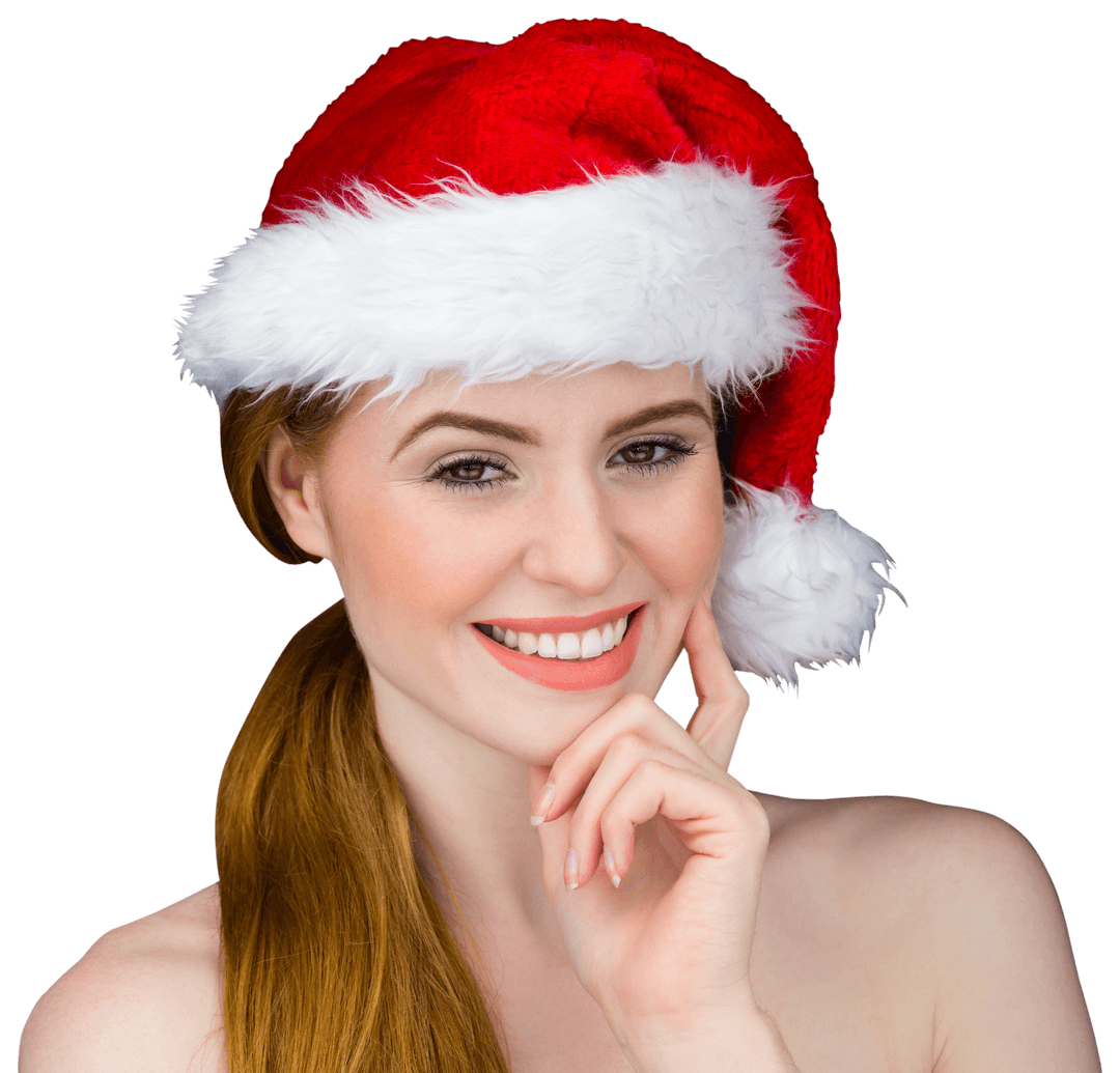 Woman Smiling in Santa Hat on Transparent Background