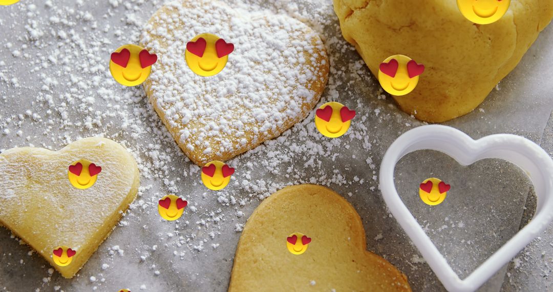 Heart-Shaped Cookies with Floating Emojis and Dough Mold