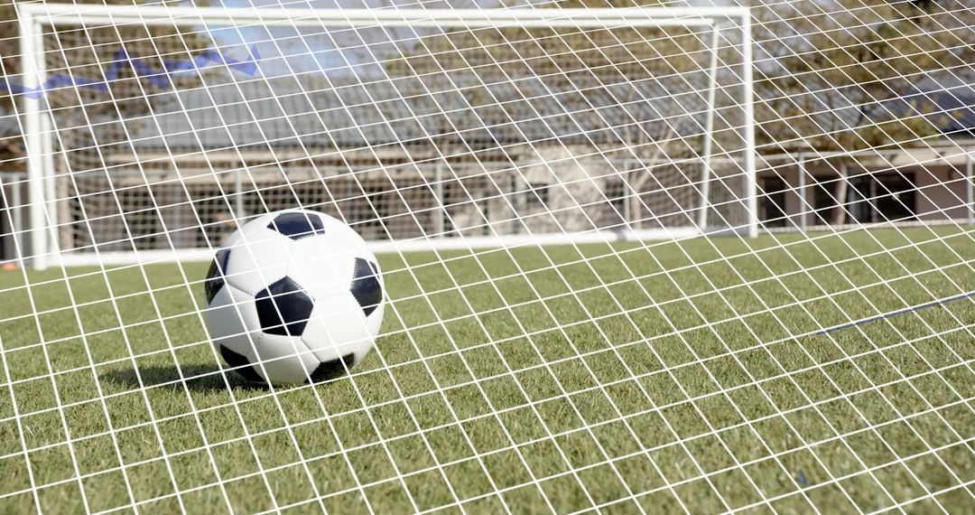 Classic black-and-white soccer ball resting in goal net on sunlit trimmed turf, closeup low-angle