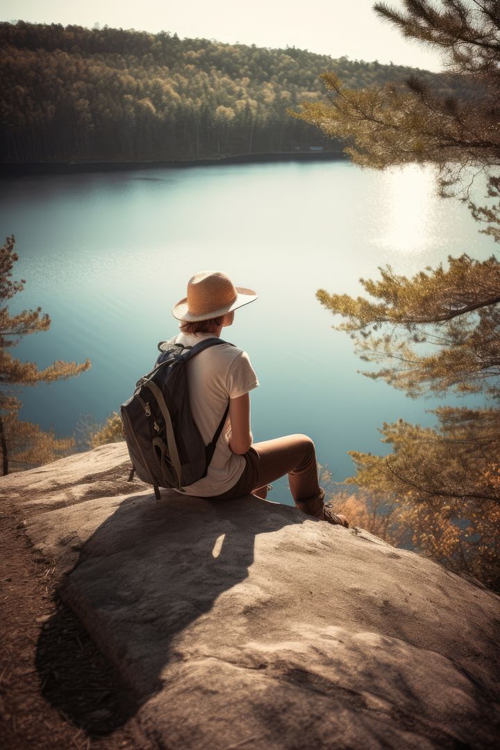 Caucasian female hiker sitting on rock and looking at lake created using generative ai technology - Free Images, Stock Photos and Pictures on Pikwizard.com