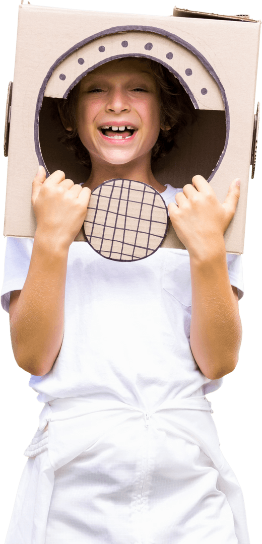 Playful Boy Pretending to be Astronaut with Cardboard Helmet