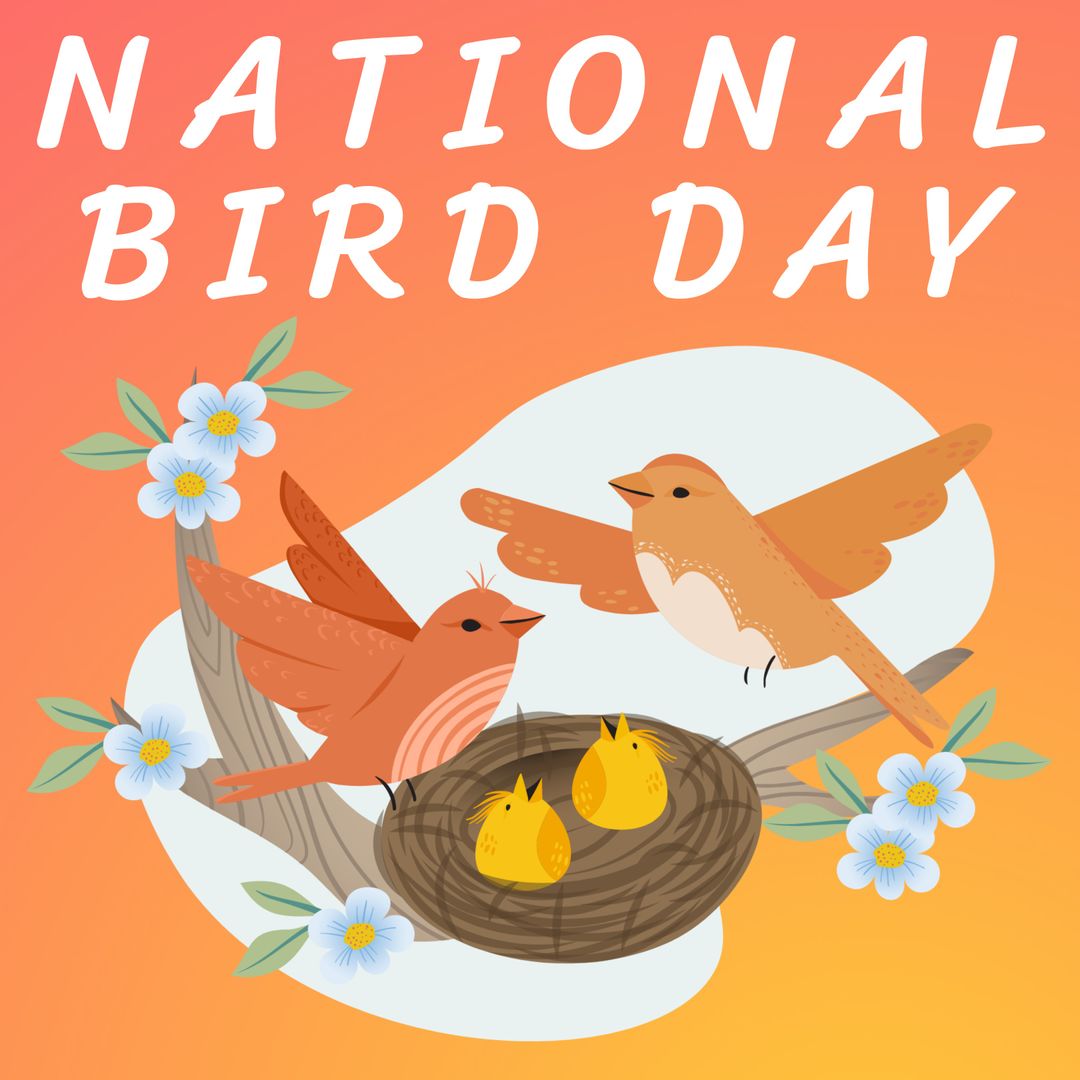 National Bird Day Celebration with Illustrated Birds and Nest