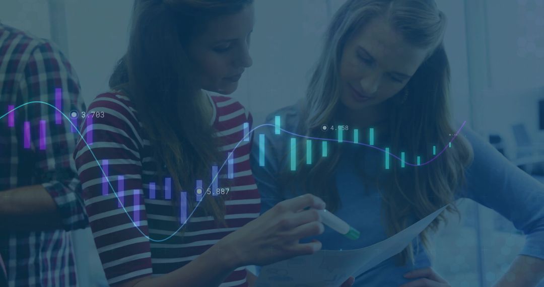 Colleagues Analyzing Report with Financial Data Overlay