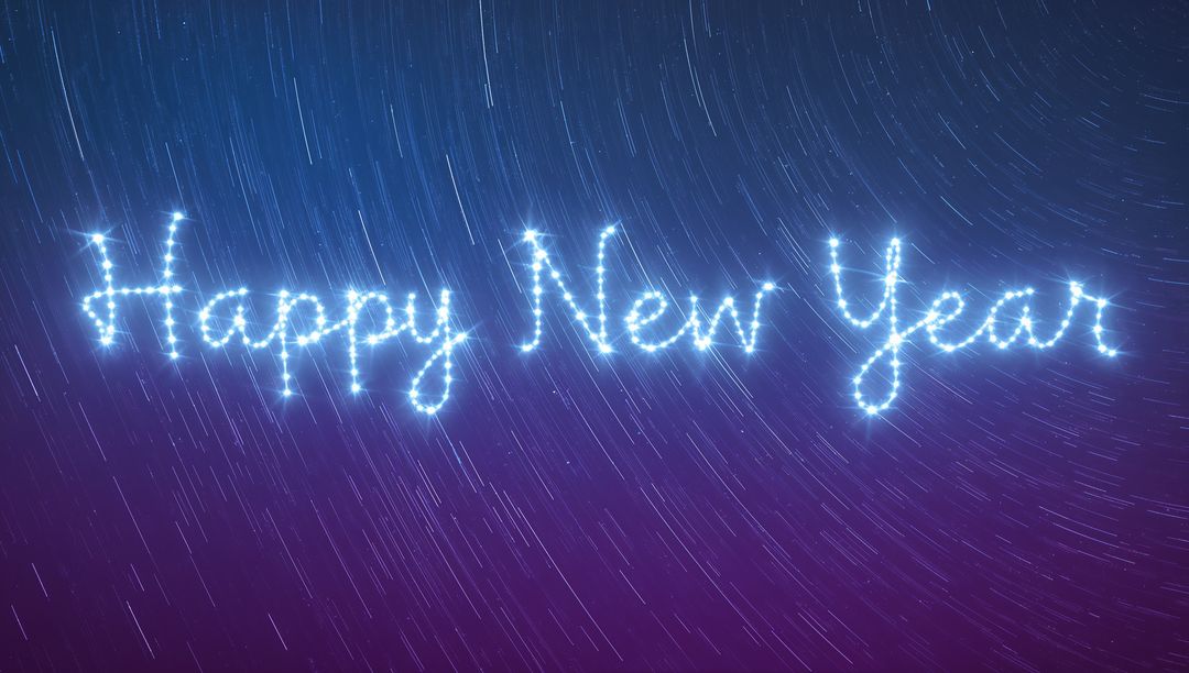 Glowing Happy New Year Script Sparkling with Stars Over Purple Night Sky, Neon Luminescent