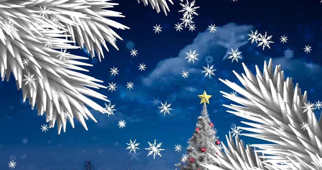 Snowy Christmas Tree with Snowflakes Under Glittering Festive Sky