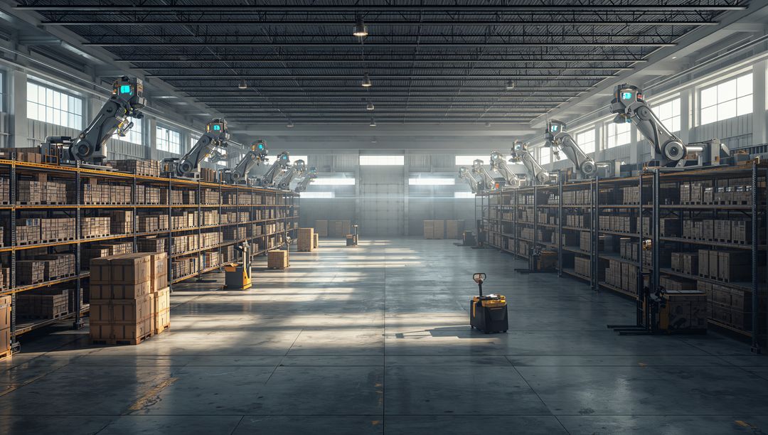 Automated Warehouse Aisle with Robotic Arms and Yellow Pallet Jack for Smart Logistics