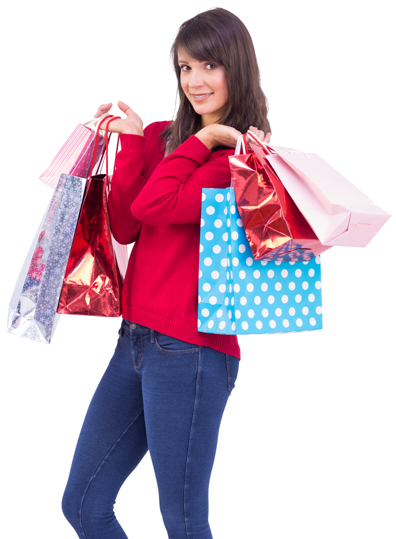 Happy brunette woman holding colorful Christmas shopping bags transparent background - Download Free Stock Images Pikwizard.com