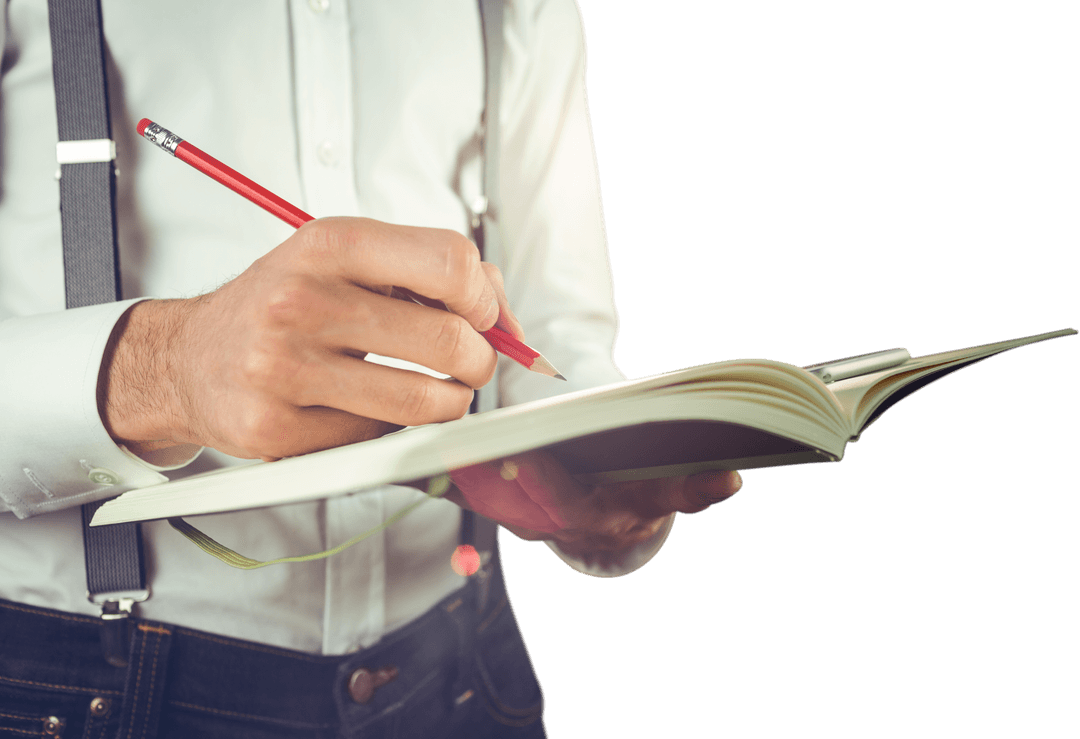 Mid Section of Businessman Writing in Notebook Isolated on Transparent Background