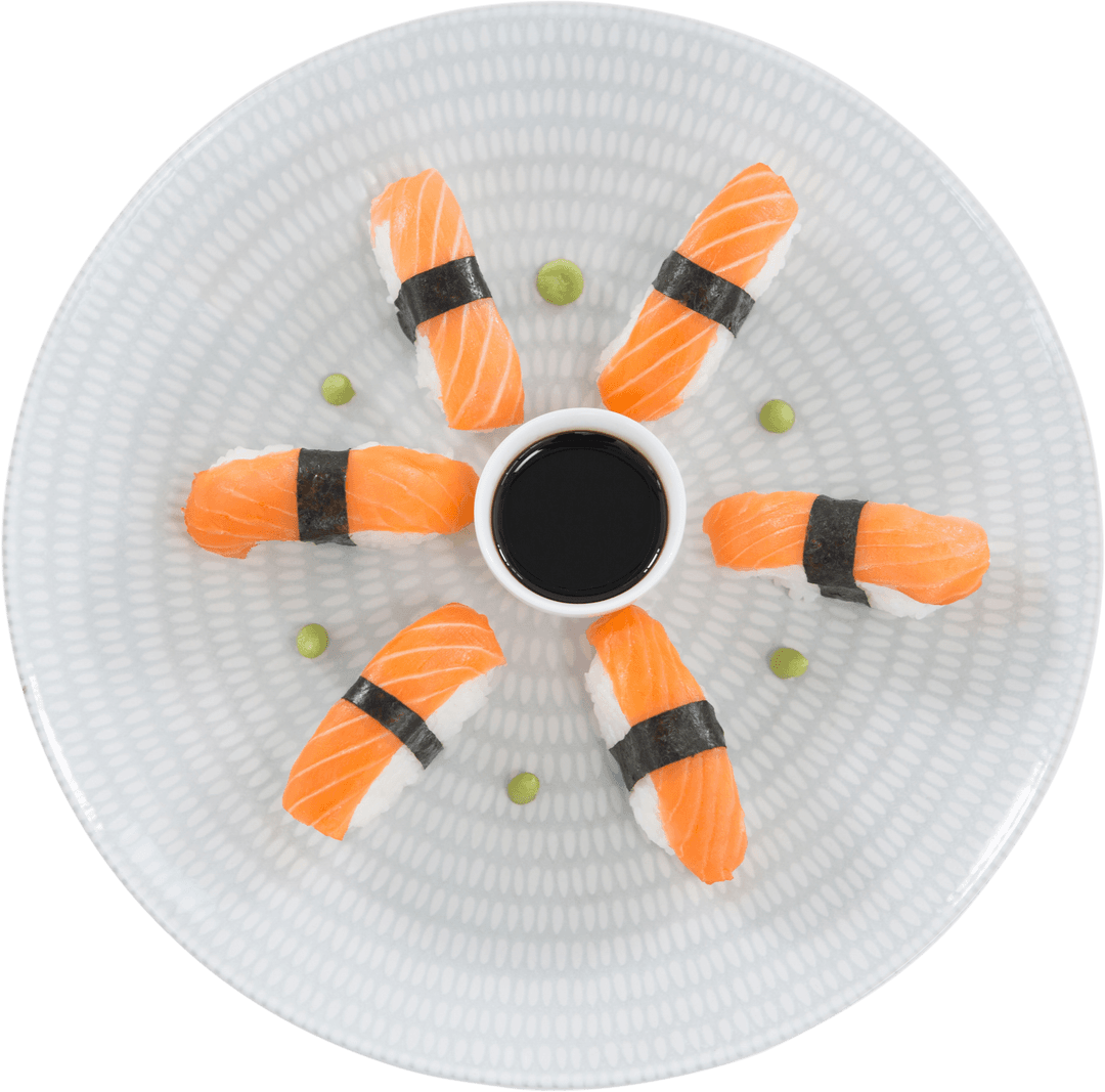 Overhead View of Salmon Nigiri with Starlike Presentation Transparent