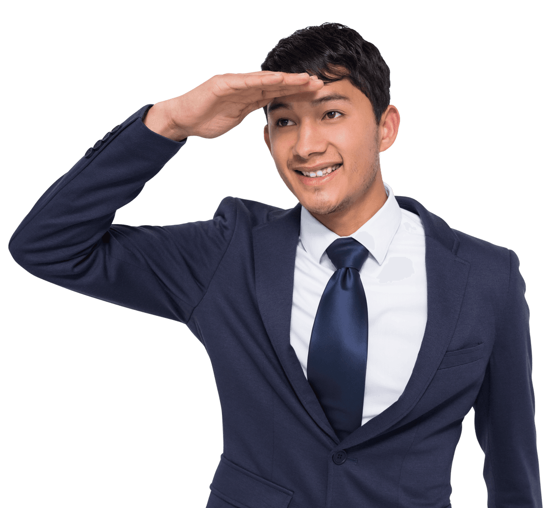 Smiling Businessman Looking into Distance on Transparent Background