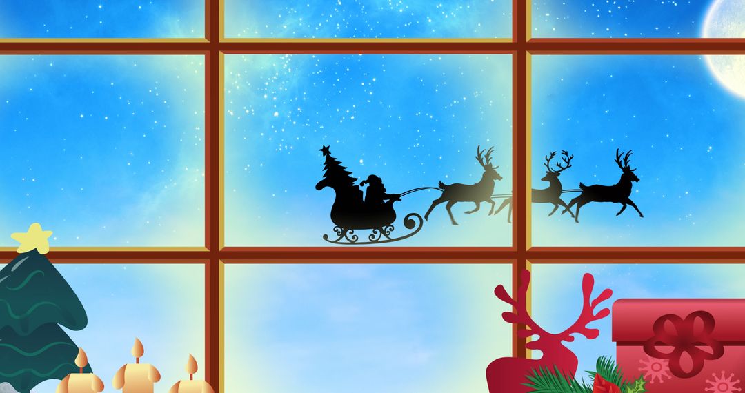 Santa Claus Sleigh and Reindeer Flying Past Christmas Decorated Window - Free Images, Stock Photos and Pictures on Pikwizard.com