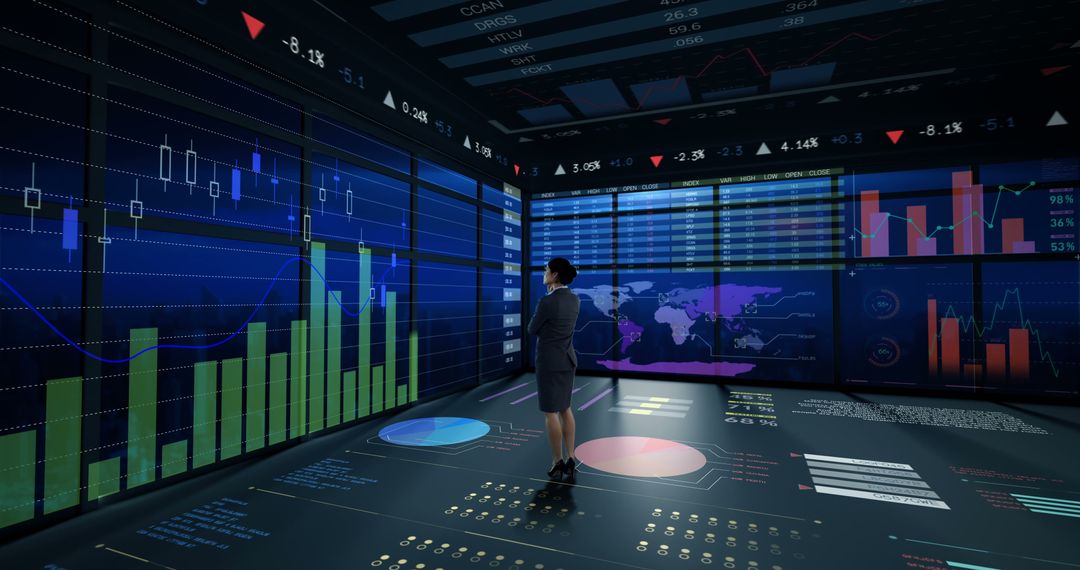 Business Person Analyzing Financial Data on Multiple Digital Screens in Modern Office - Free Images, Stock Photos and Pictures on Pikwizard.com