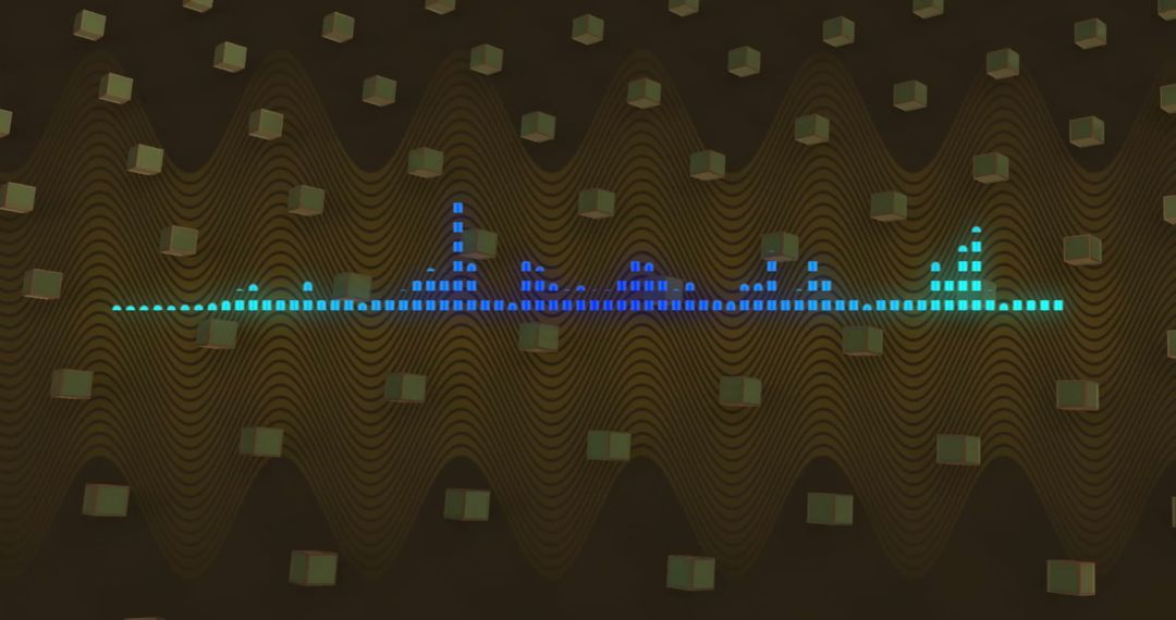 Glowing Waveform Over Rotating Cubes on Abstract Digital Canvas