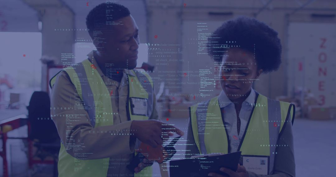 Warehouse team reviewing tablet with digital analytics overlay improving logistics workflow