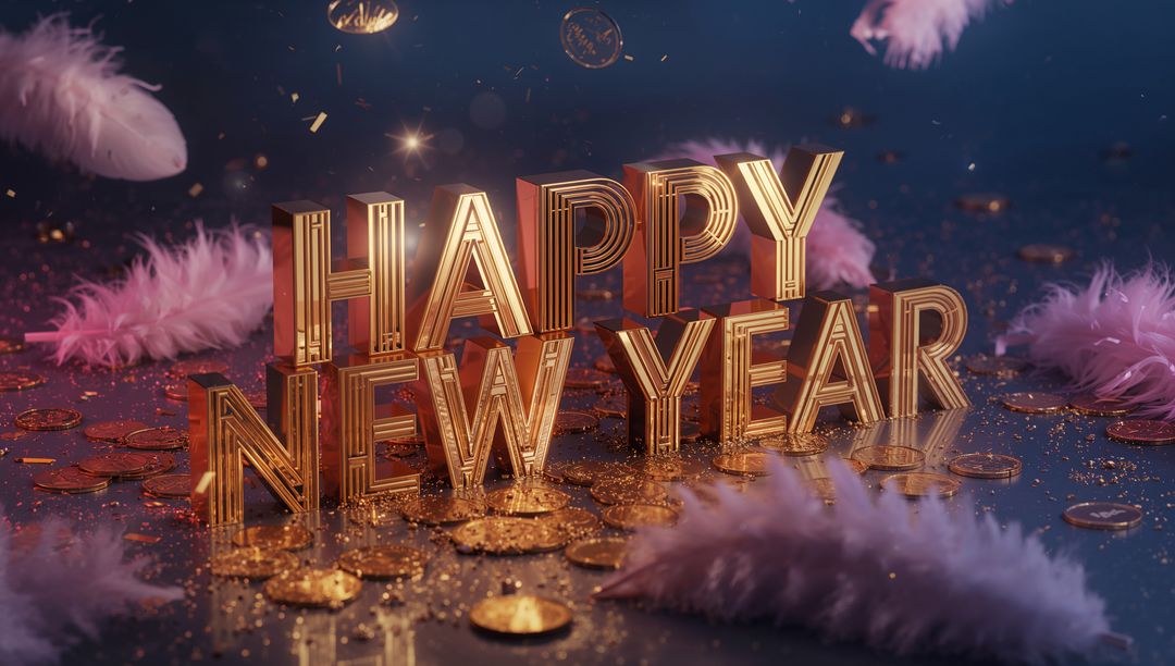 Golden 3D HAPPY NEW YEAR Letters with Coins, Pink Feathers and Glitter