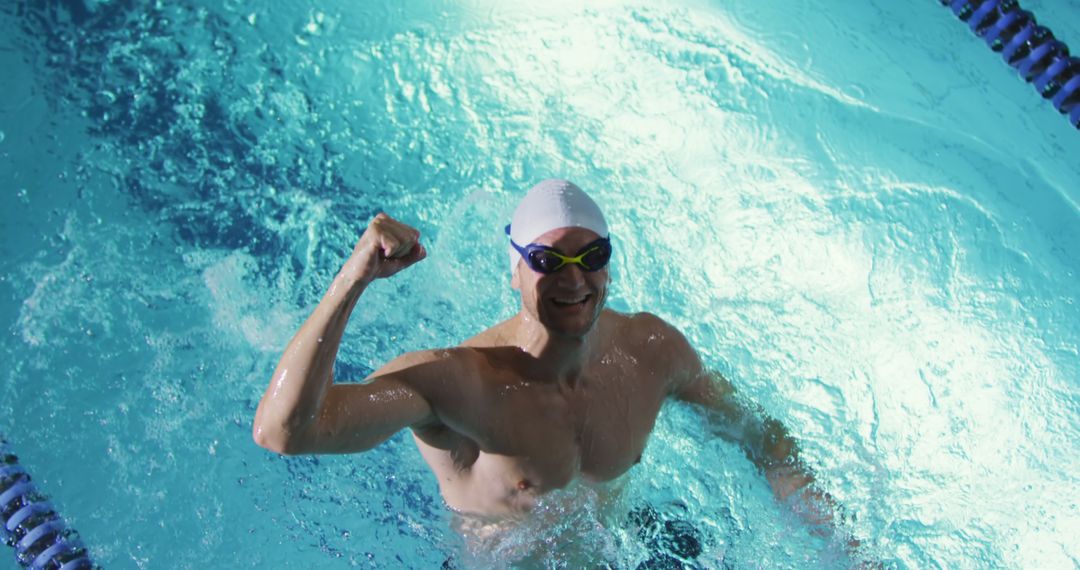 Male Swimmer Celebrates Victory in Pool with Fist Pump - Free Images, Stock Photos and Pictures on Pikwizard.com