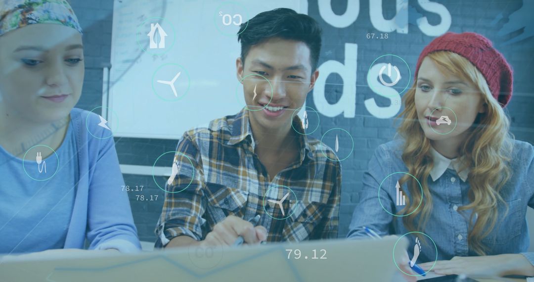 Diverse Team Collaborating on Laptop with Holographic Data