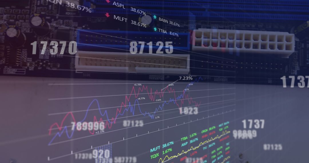 Dynamic Stock Market Data Overlay on Circuit Board Background
