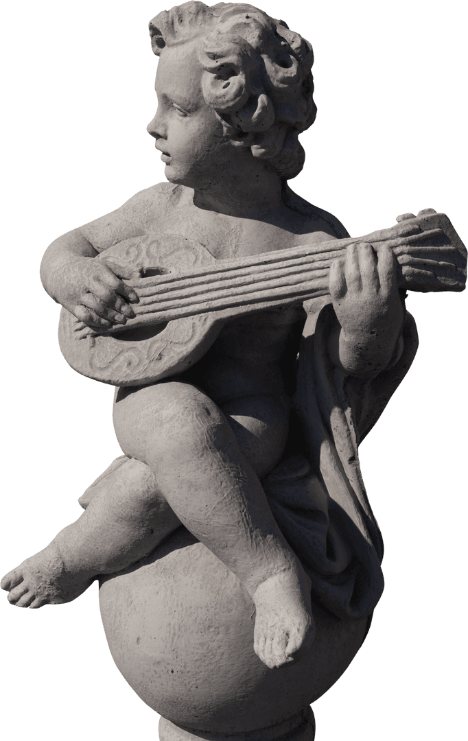 Transparent Weathered Cherub Sculpture with Sitar Resonant of Classical Arts