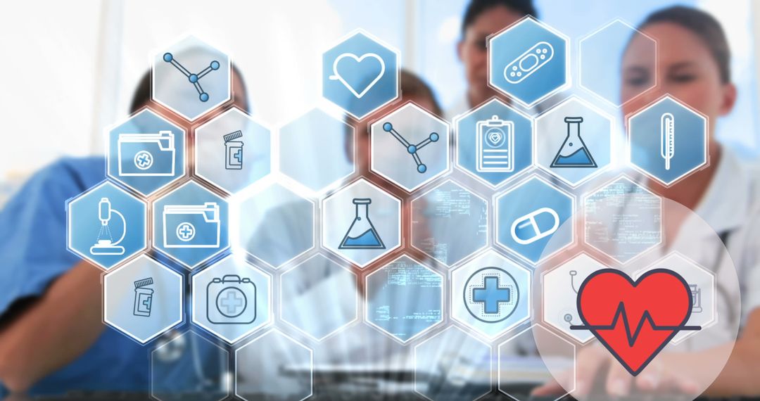 Digital Interface with Medical Icons and Diverse Healthcare Team