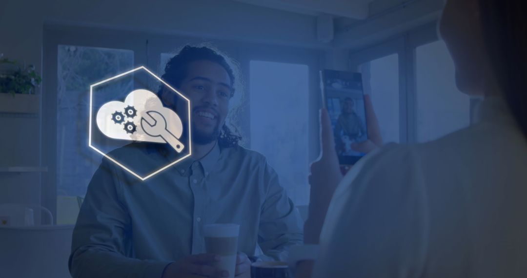 Technology Icon Overlay in Modern Café Environment