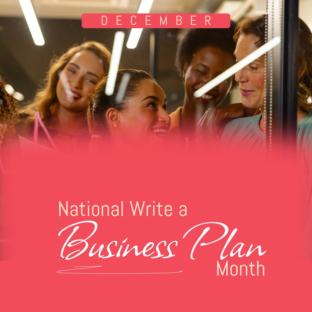 Composite of national write a business plan month text over diverse business people from Pikwizard
