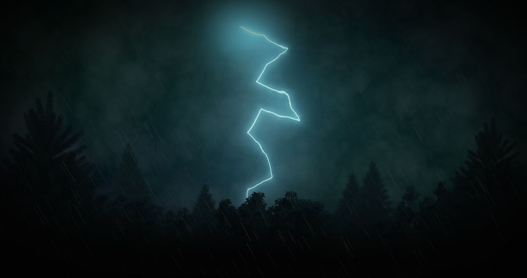 Dramatic Lightning Storm over Forest with Dark Clouds