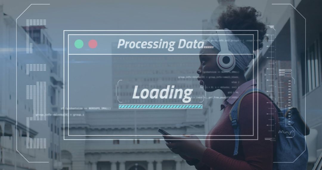 Woman Wearing Headphones Interacting with Futuristic Digital Interface