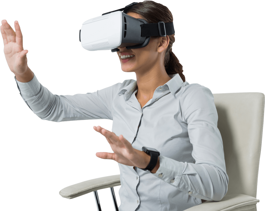 Businesswoman Experiencing Virtual Reality with Transparent VR Headset