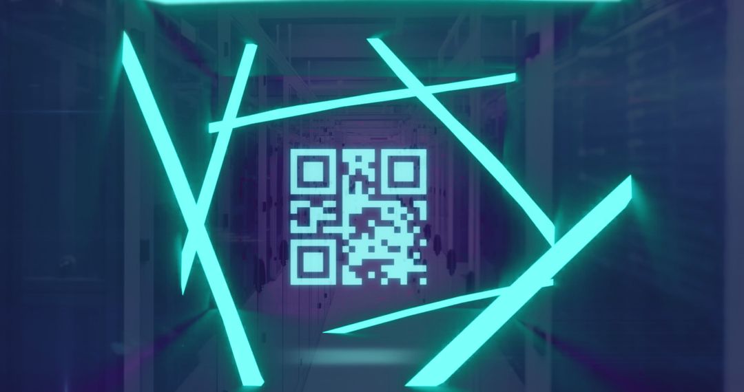 Futuristic QR Code and Neon Lines over Data Servers