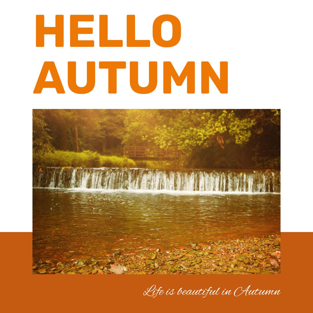 Hello Autumn Banner with Scenic Waterfall and Trees