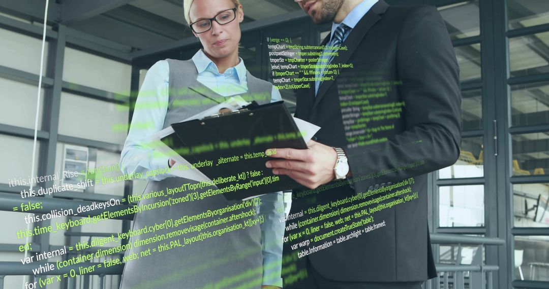 Business Professionals Reviewing Digital Data with Overlayed Code